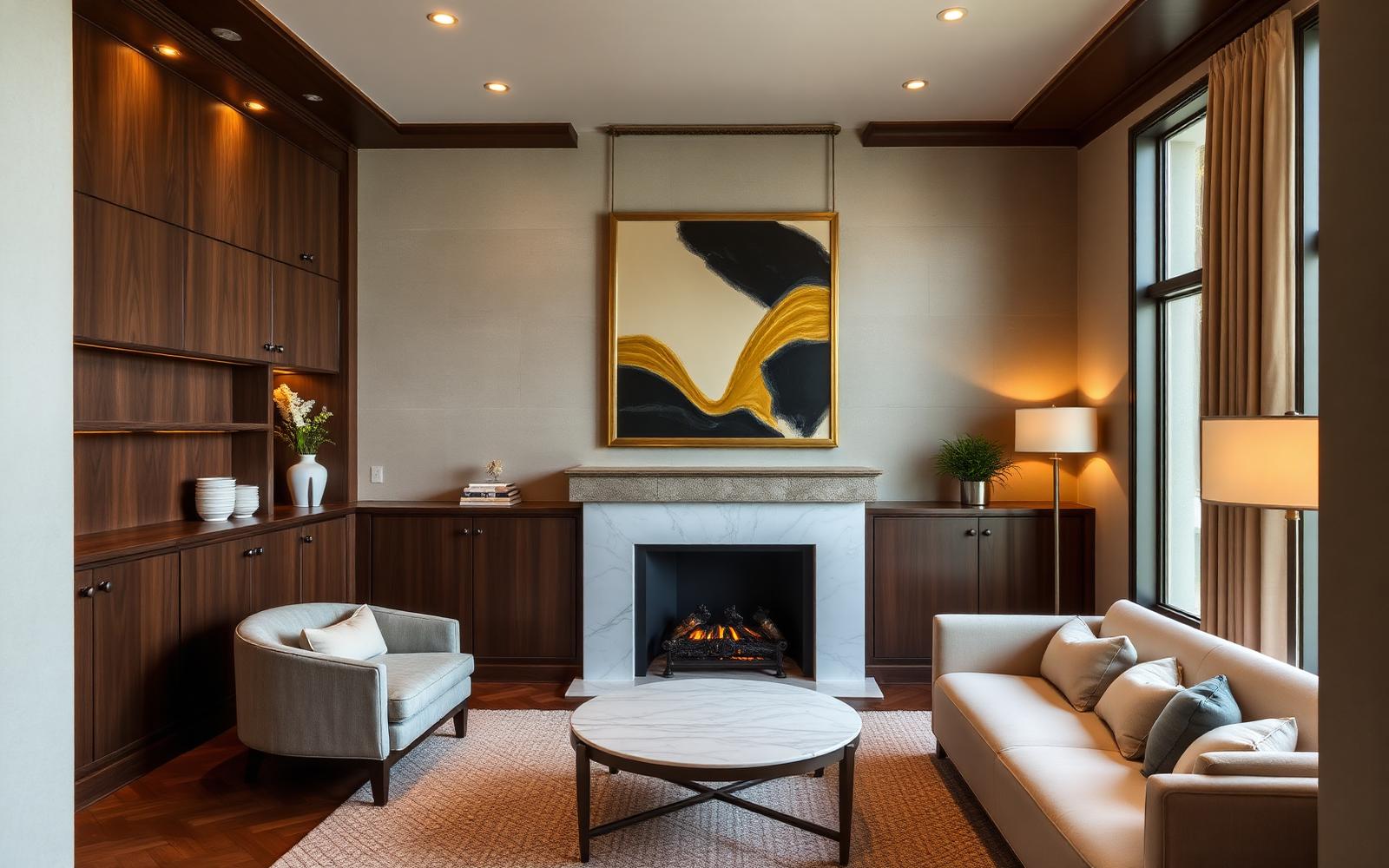 The same living room after renovation with walnut joinery and layered lighting