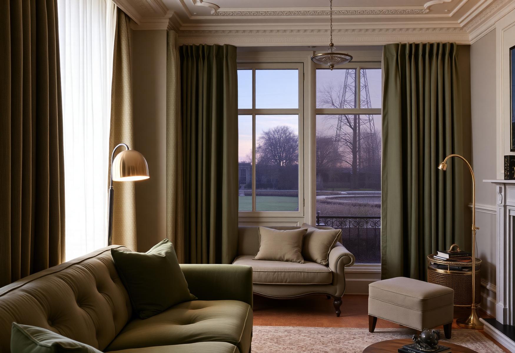 Layered living room in warm neutrals at dusk