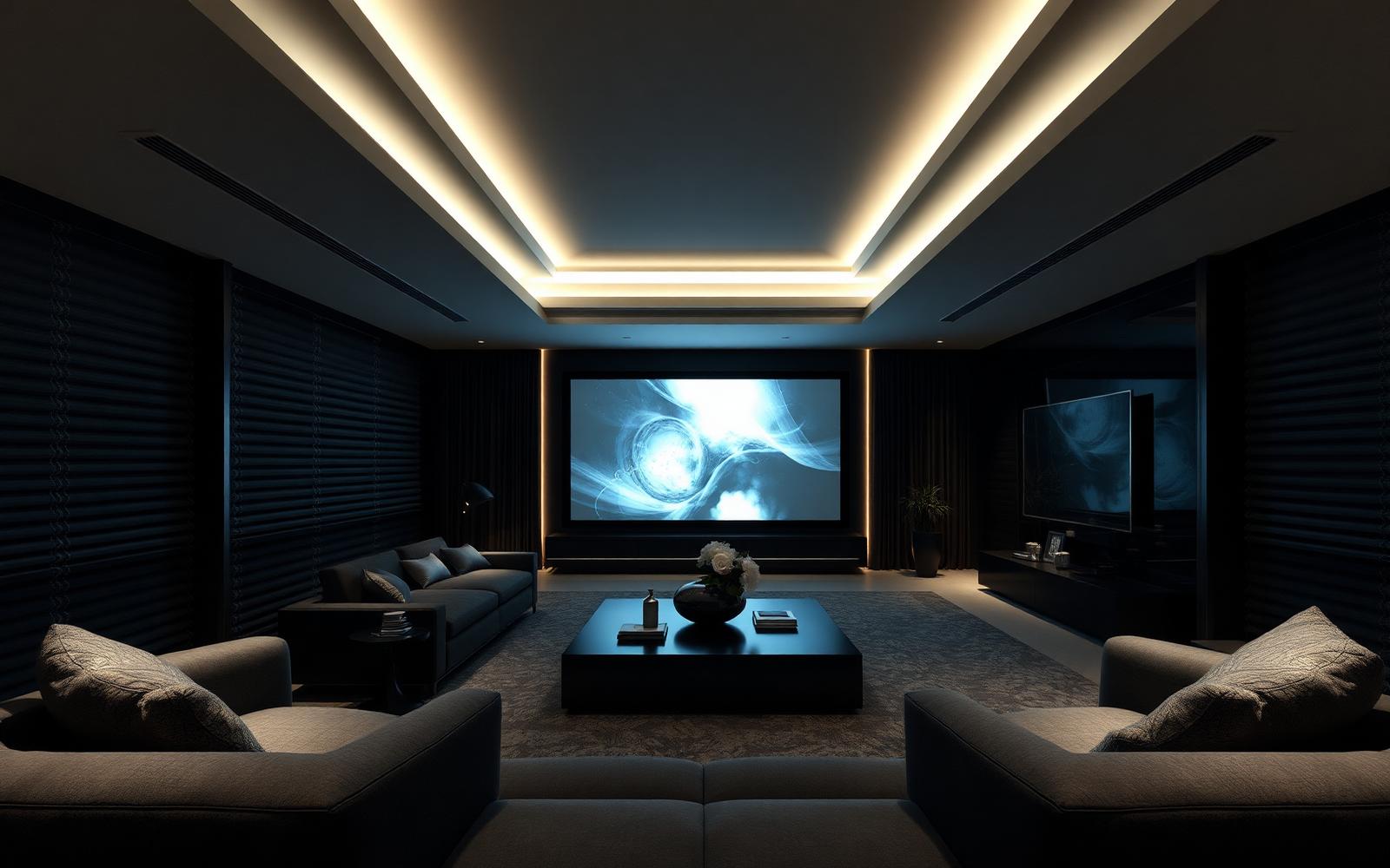 Media room in cinema mode with blackout blinds and dimmed cove lighting