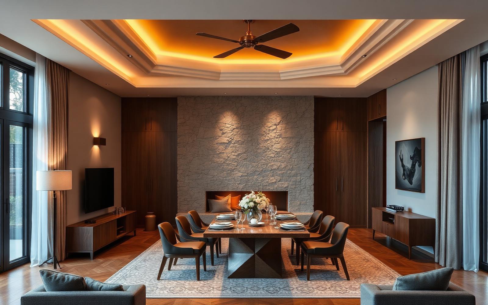 Dining space at night lit with warm layered lighting