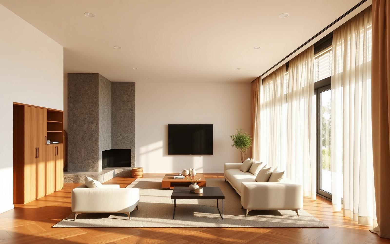 Living room in the morning with blinds opening and cool daylight